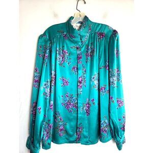 Joan Collins Women Teal Green Floral Print 100% Silk Button Down Blouse size 8/M